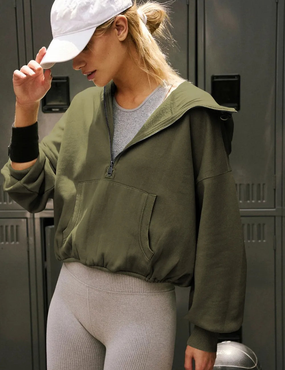 Matcha Green Half Zip Pocketed Dropped Shoulder Hoodie | Hoodies Daverri Fashions