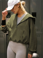 Matcha Green Half Zip Pocketed Dropped Shoulder Hoodie | Hoodies Daverri Fashions