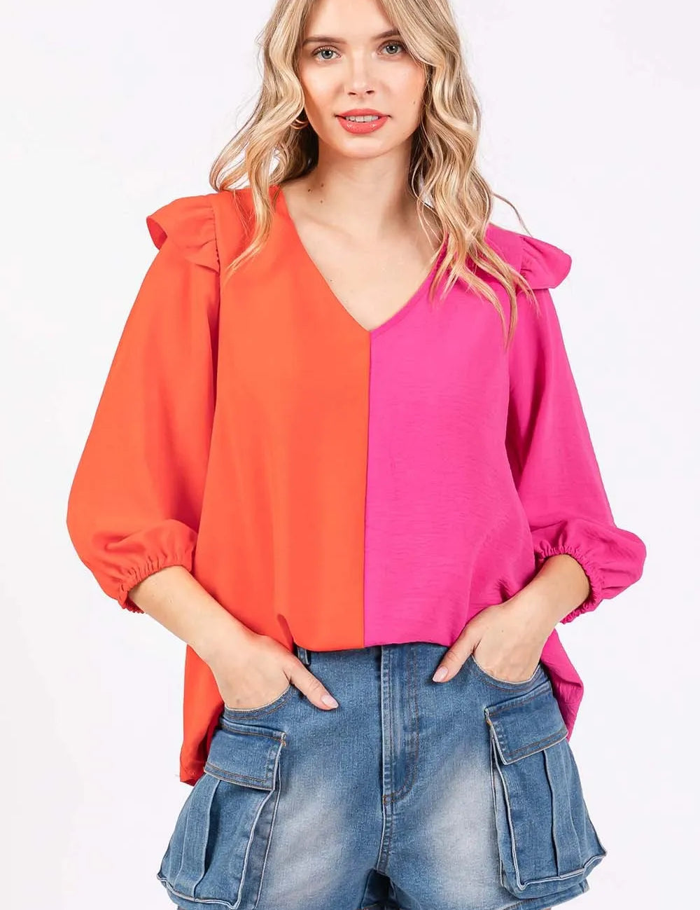 Orange Fuchsia GeeGee Full Size Ruffle Trim Contrast Blouse | Daverri Fashions