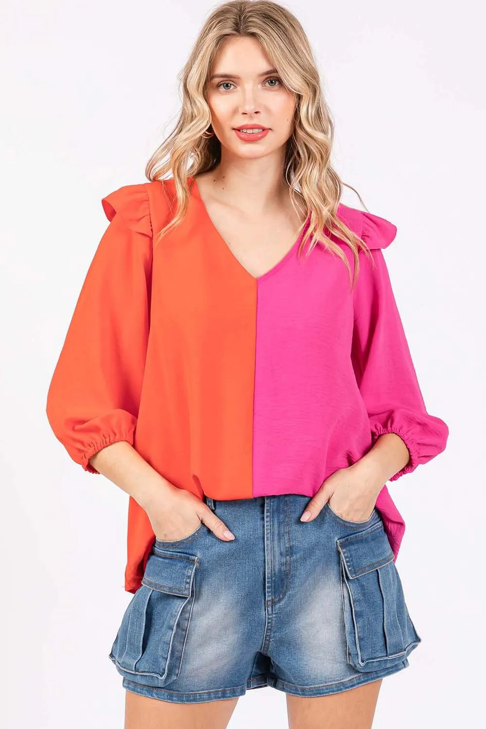 GeeGee Full Size Ruffle Trim Contrast Blouse Orange Fuchsia