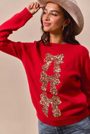 SO ME Sequins Bow Ribbon Embellished Christmas Sweater | Daverri Fashions