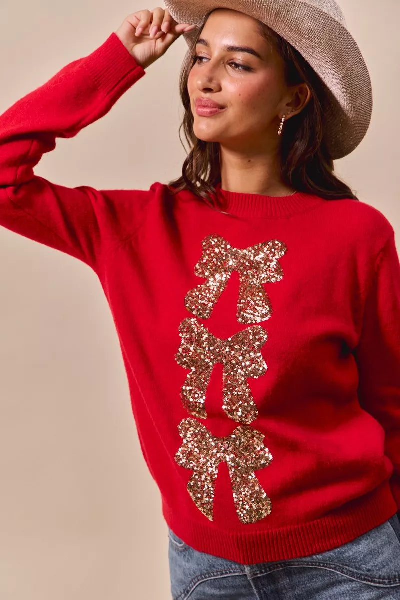 SO ME Sequins Bow Ribbon Embellished Christmas Sweater | Daverri Fashions
