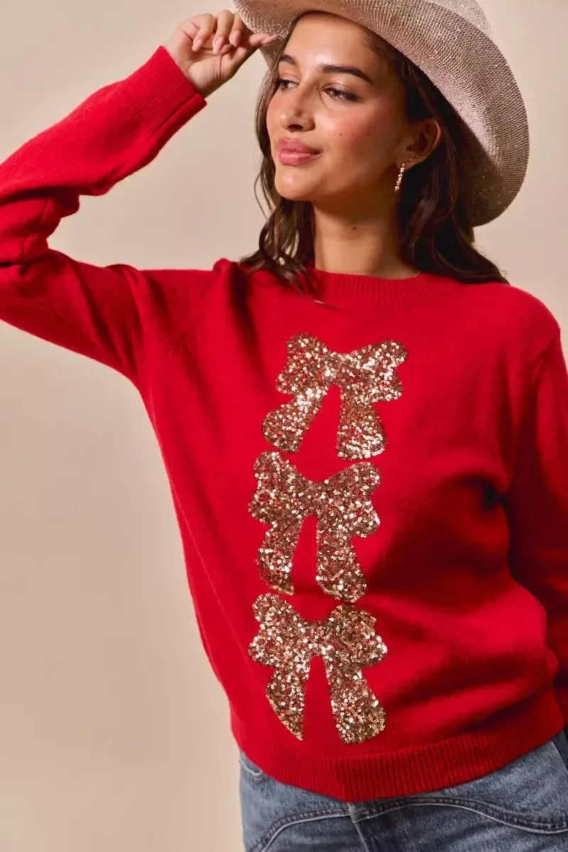 SO ME Sequins Bow Ribbon Embellished Christmas Sweater - DAVERRI FASHIONS