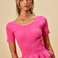 SO ME ribbed knit short sleeve peplum sweater top in vibrant pink