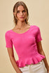 SO ME ribbed knit short sleeve peplum sweater top in vibrant pink
