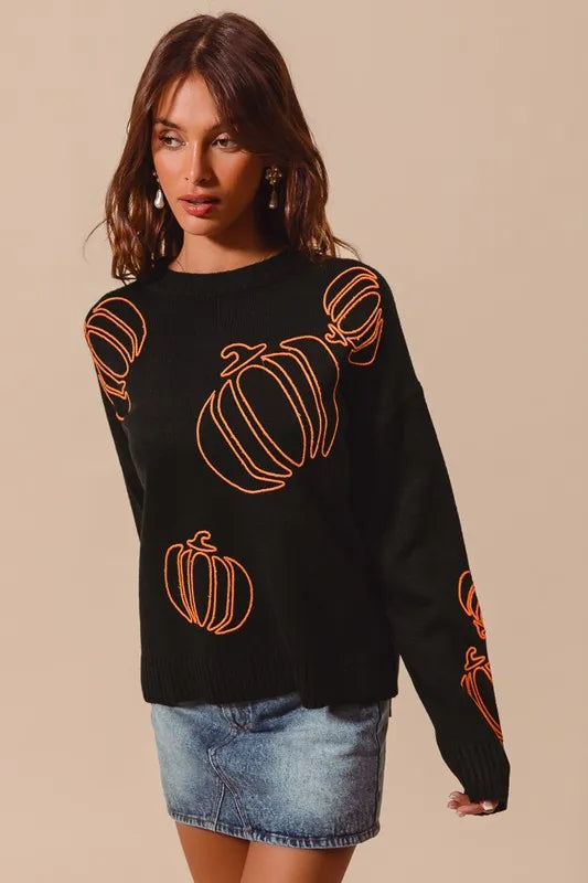 Pumpkin Embroidered Halloween Thanksgiving Sweater Sweaters