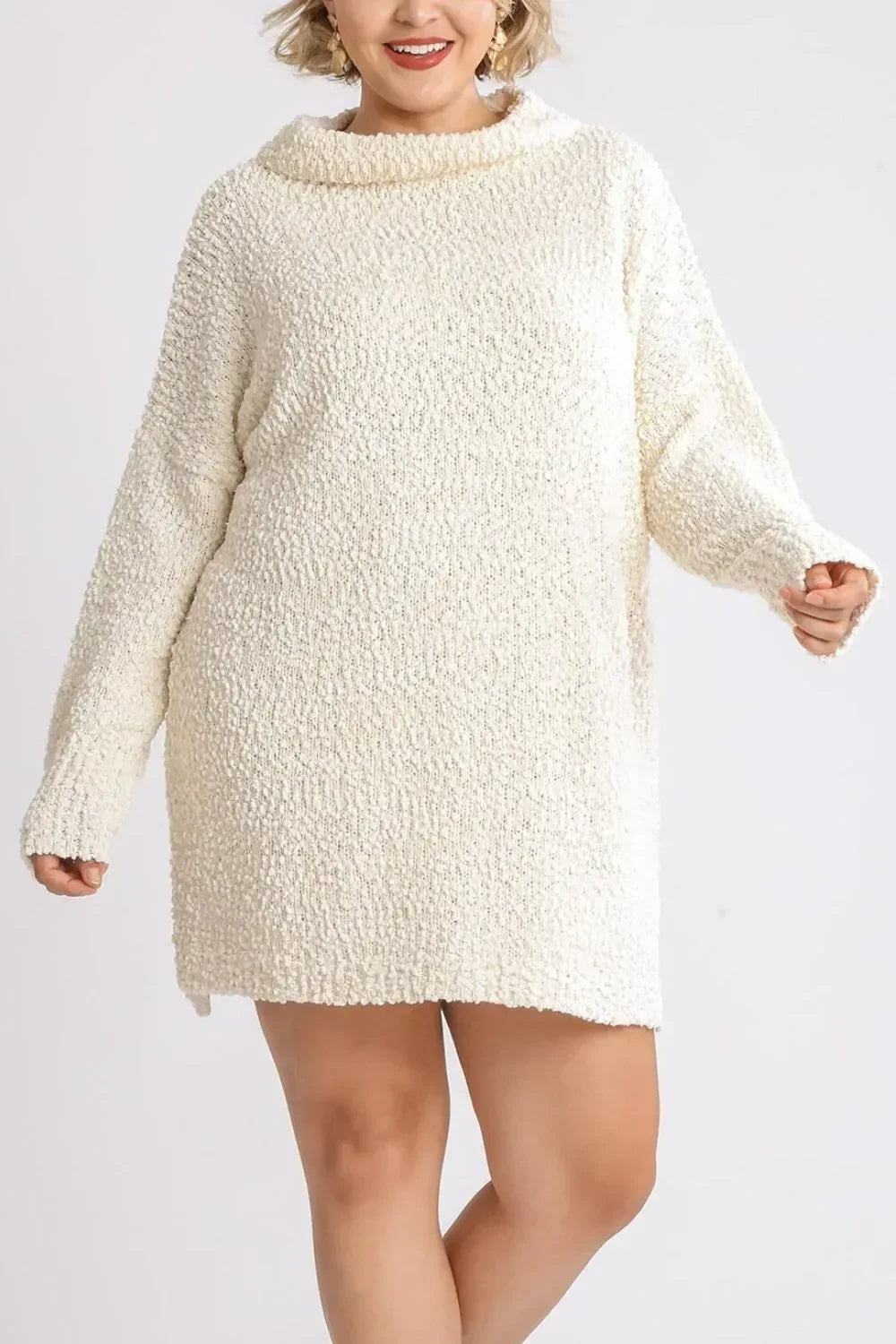 Umgee Full Size High Low Long Sleeve Boucle Sweater Dress Plus Size - DAVERRI FASHIONS