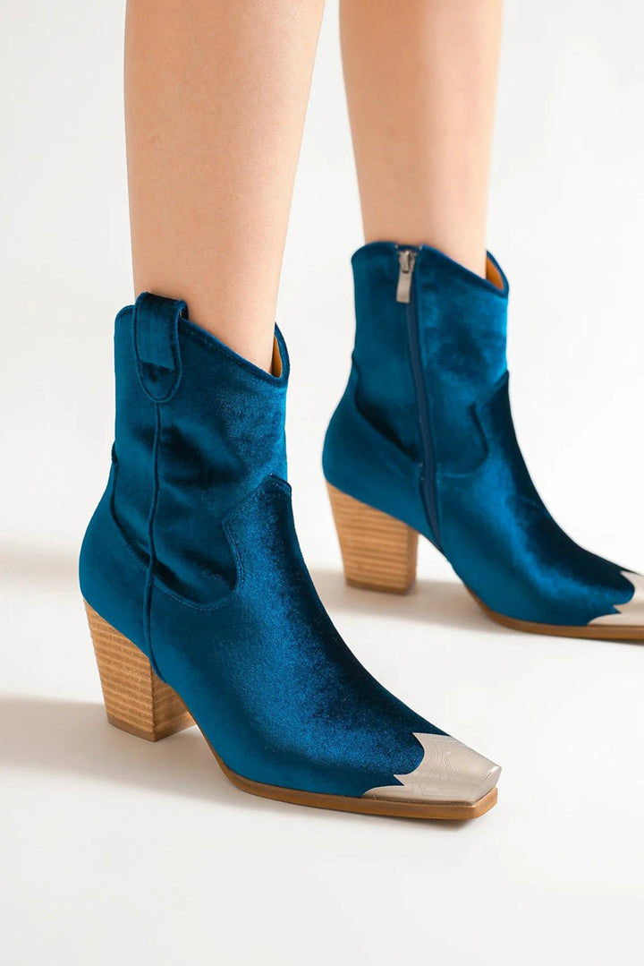 Beast Fashion Velvet Block Heel Boots with Side Zippers Peacock Blue Footwear