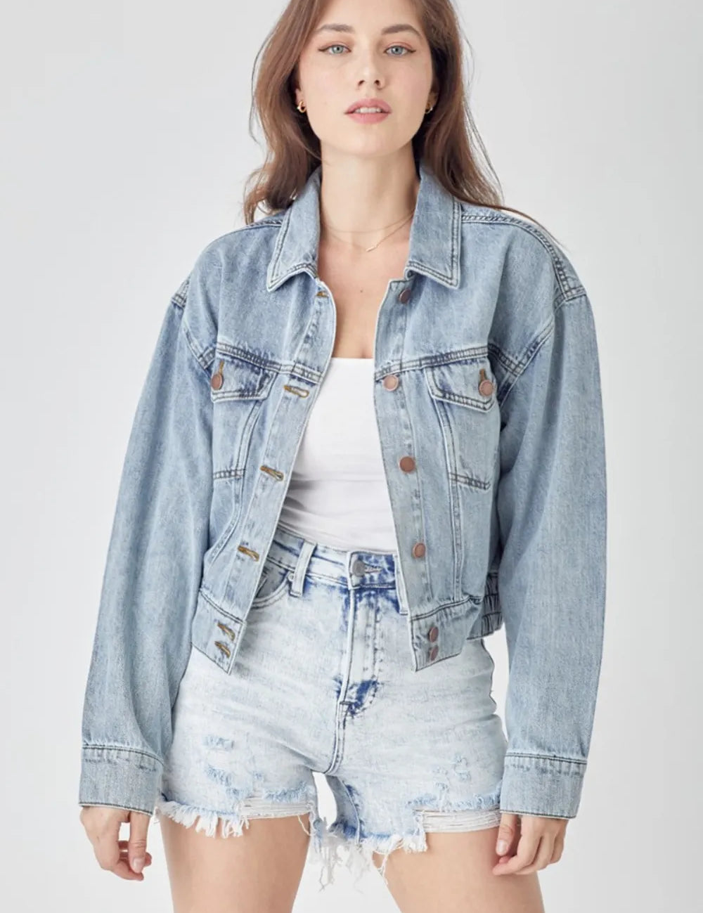 Light RISEN Full Size Button Down Cropped Denim Jacket | Denim Jackets Daverri Fashions
