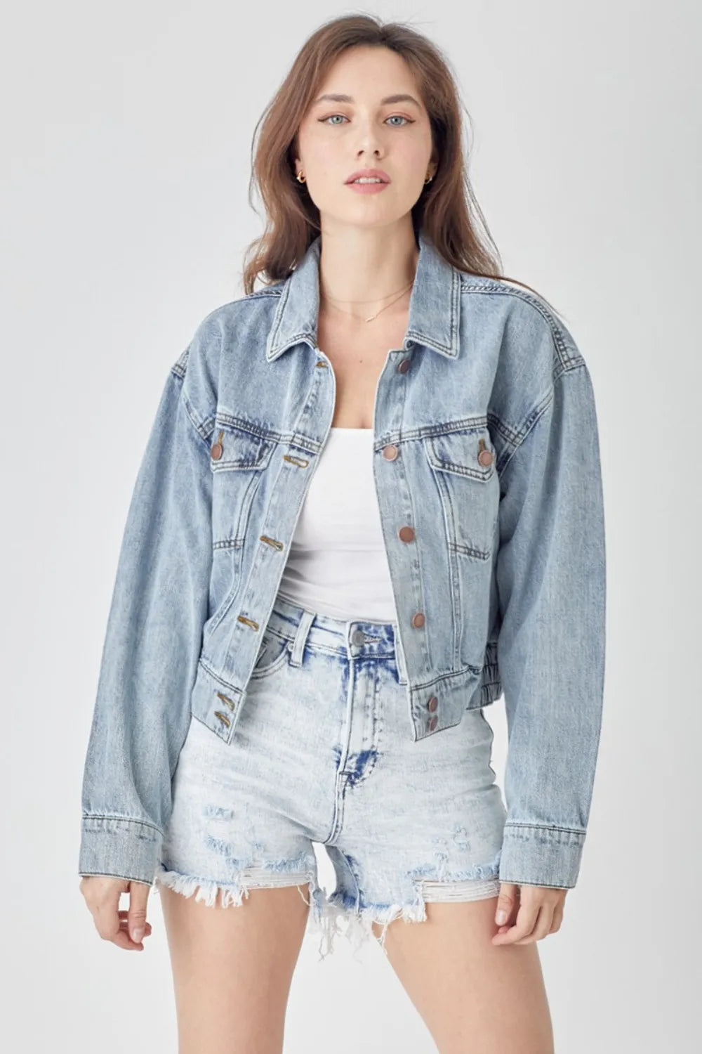 Light RISEN Full Size Button Down Cropped Denim Jacket | Denim Jackets Daverri Fashions