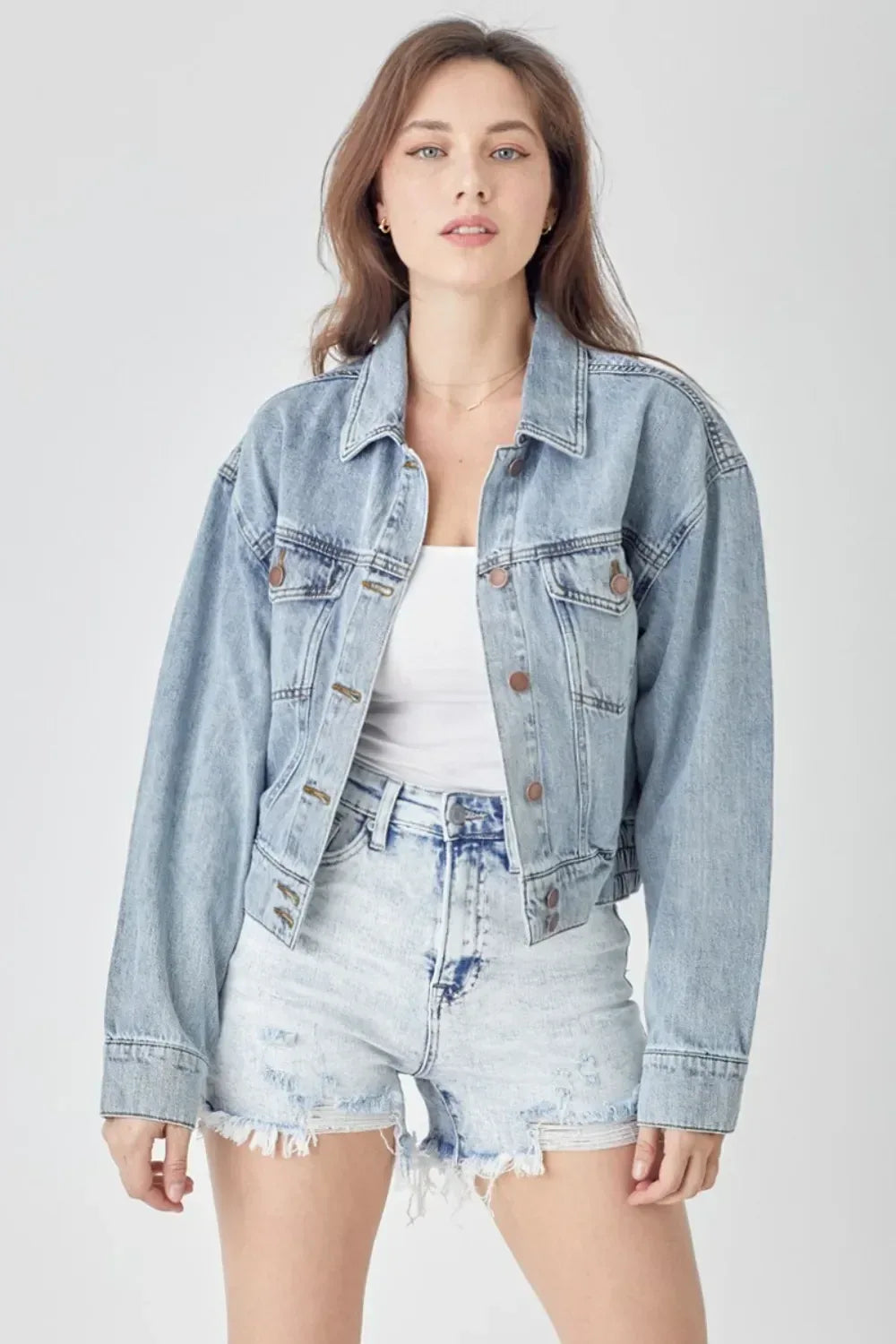 RISEN Full Size Button Down Cropped Denim Jacket - DAVERRI FASHIONS