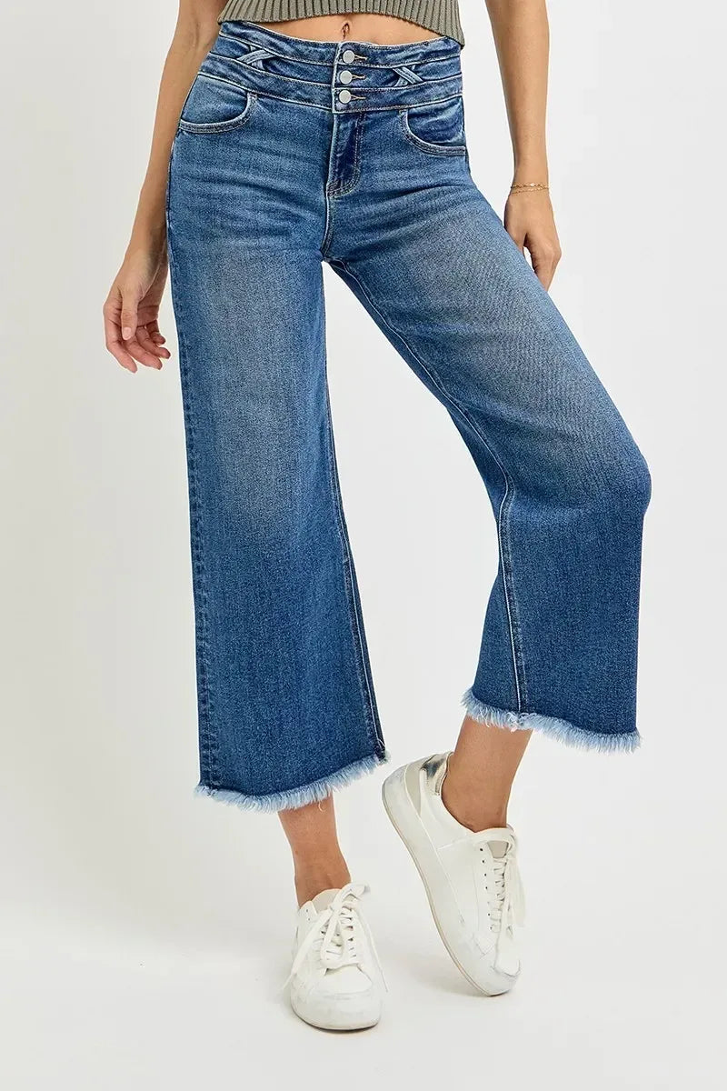 RISEN High Rise Crop Wide Leg Jeans with Wide Band Detail - DAVERRI FASHIONS