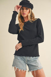 Black Aemi + Co Lettuce Hemline Round Neck Raglan Sleeve T-Shirt | T-Shirts Daverri Fashions