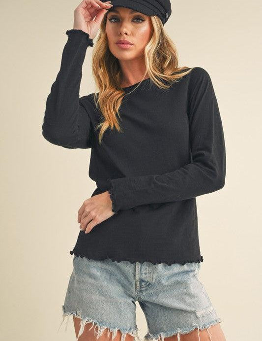 Black Aemi + Co Lettuce Hemline Round Neck Raglan Sleeve T-Shirt | T-Shirts Daverri Fashions