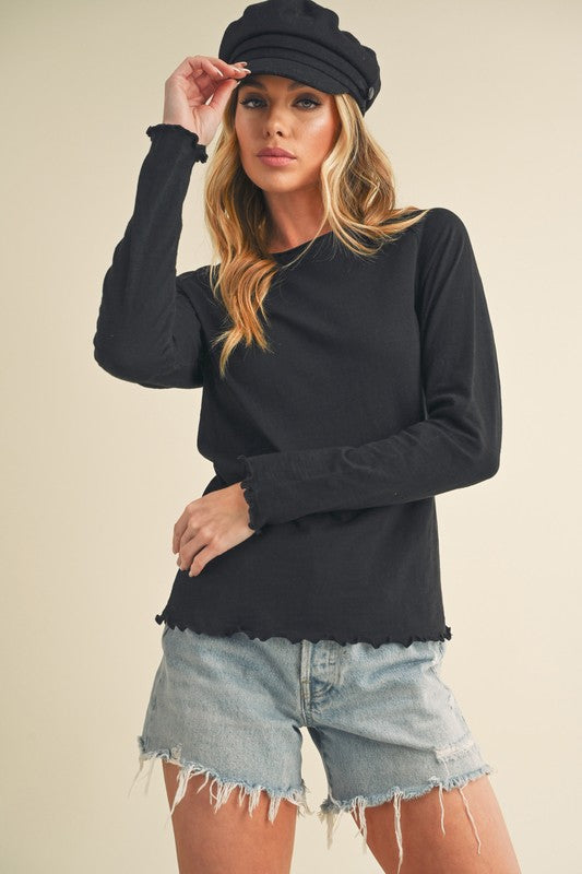 Aemi + Co Lettuce Hemline Round Neck Raglan Sleeve T-Shirt Black T-Shirts