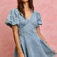 SO ME bubble sleeves light blue denim fit and flare mini dress