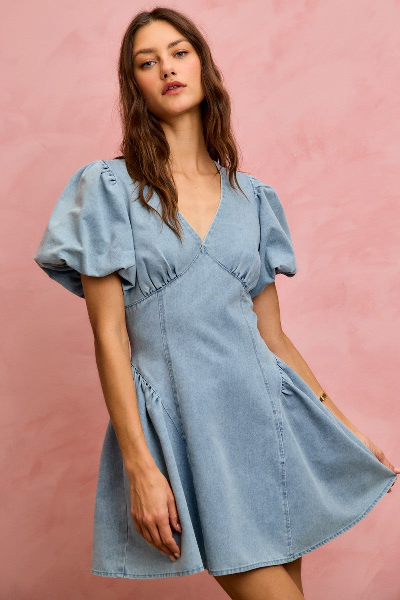 SO ME bubble sleeves light blue denim fit and flare mini dress