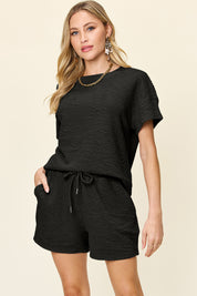 Black XL Double Take Full Size Texture Short Sleeve T-Shirt and Drawstring Shorts Set | Outfit Sets Daverri Fashions