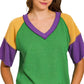 Green ribbed knit Zenana Mardi Gras color block top with purple and yellow raglan sleeves