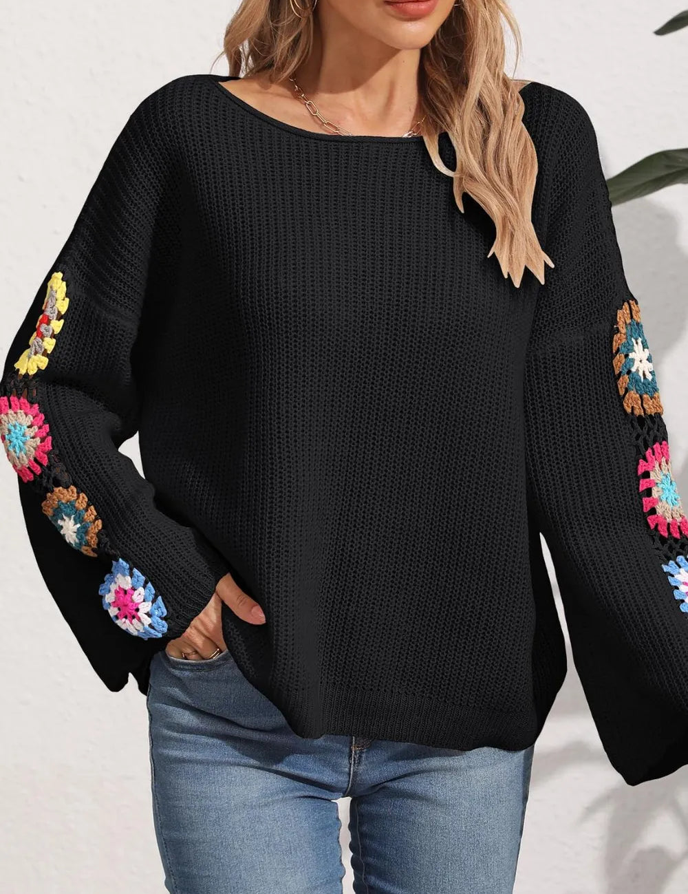 Crochet Flower Long Sleeve Sweater | Sweaters Daverri Fashions