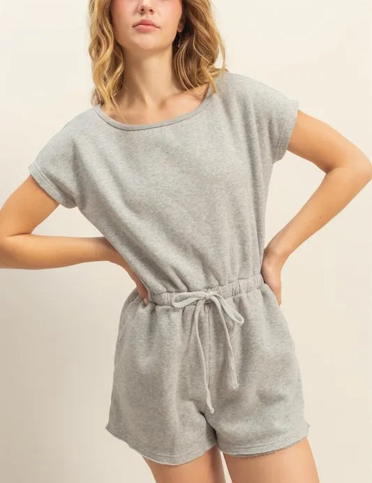 Light Gray L HYFVE Round Neck Short Sleeve Drawstring Waist Romper | Rompers Daverri Fashions