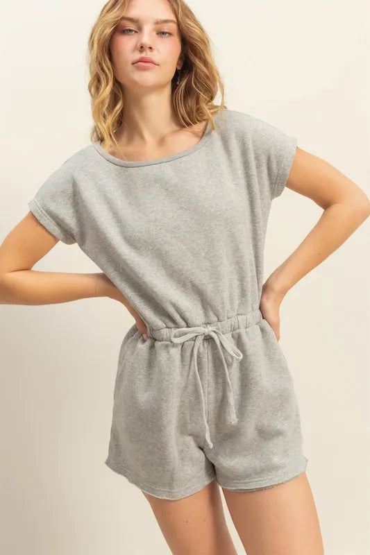 HYFVE Round Neck Short Sleeve Drawstring Waist Romper Light Gray Rompers