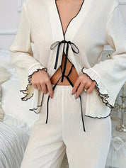 Contrast Trim Bow Tie Shirt and Pants Lounge Set | Loungewear Sets Daverri Fashions