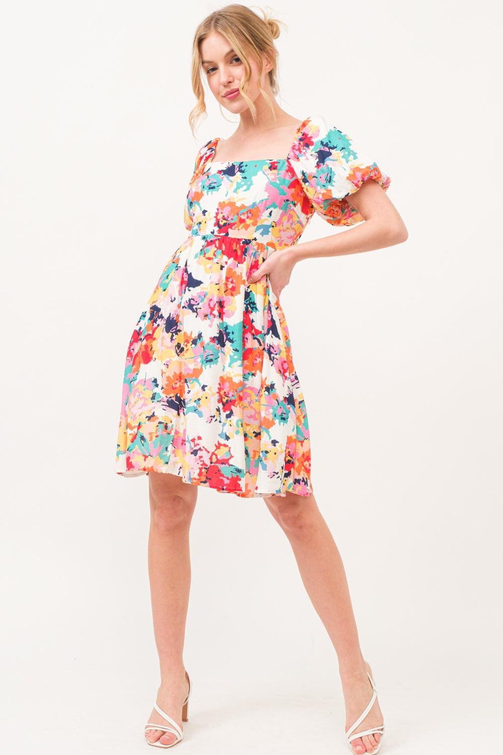 And The Why Square Neck Puff Sleeve Floral Dress Knee Length Dresses