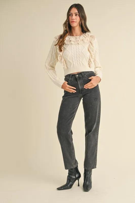 MABLE Ruffled Lace Crochet Sweater - DAVERRI FASHIONS