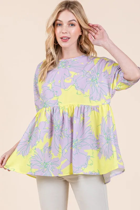 BOMBOM Floral Babydoll Tunic Top LAVENDER
