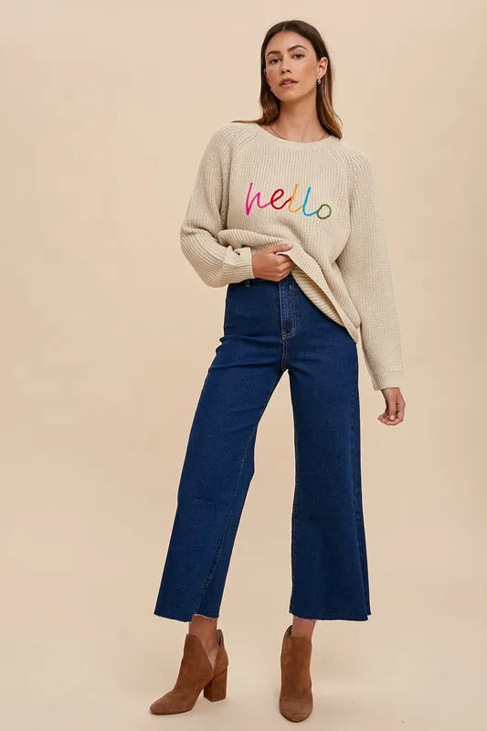 Annie Wear HELLO Embroidered Raglan Sleeve Sweater Sweaters