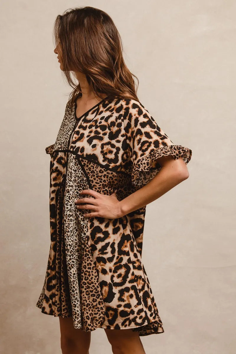 BiBi Leopard Prints Mix and Match Short Sleeves Dress Mini Dresses