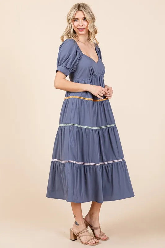 Lime 'N' Chili Trim Detail Puff Sleeve Tiered Maxi Dress