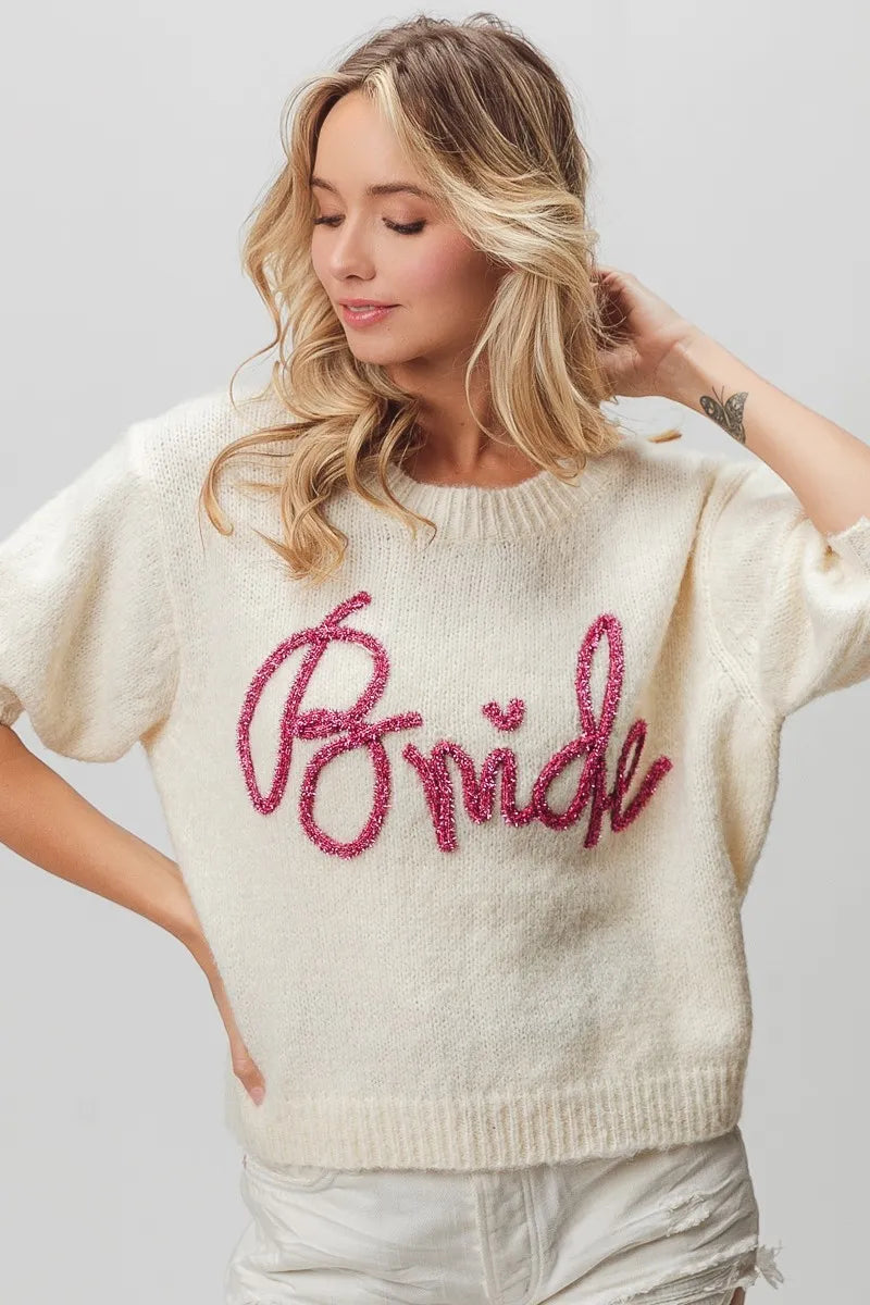 Cream-colored sequined bride sweater with short puff sleeves