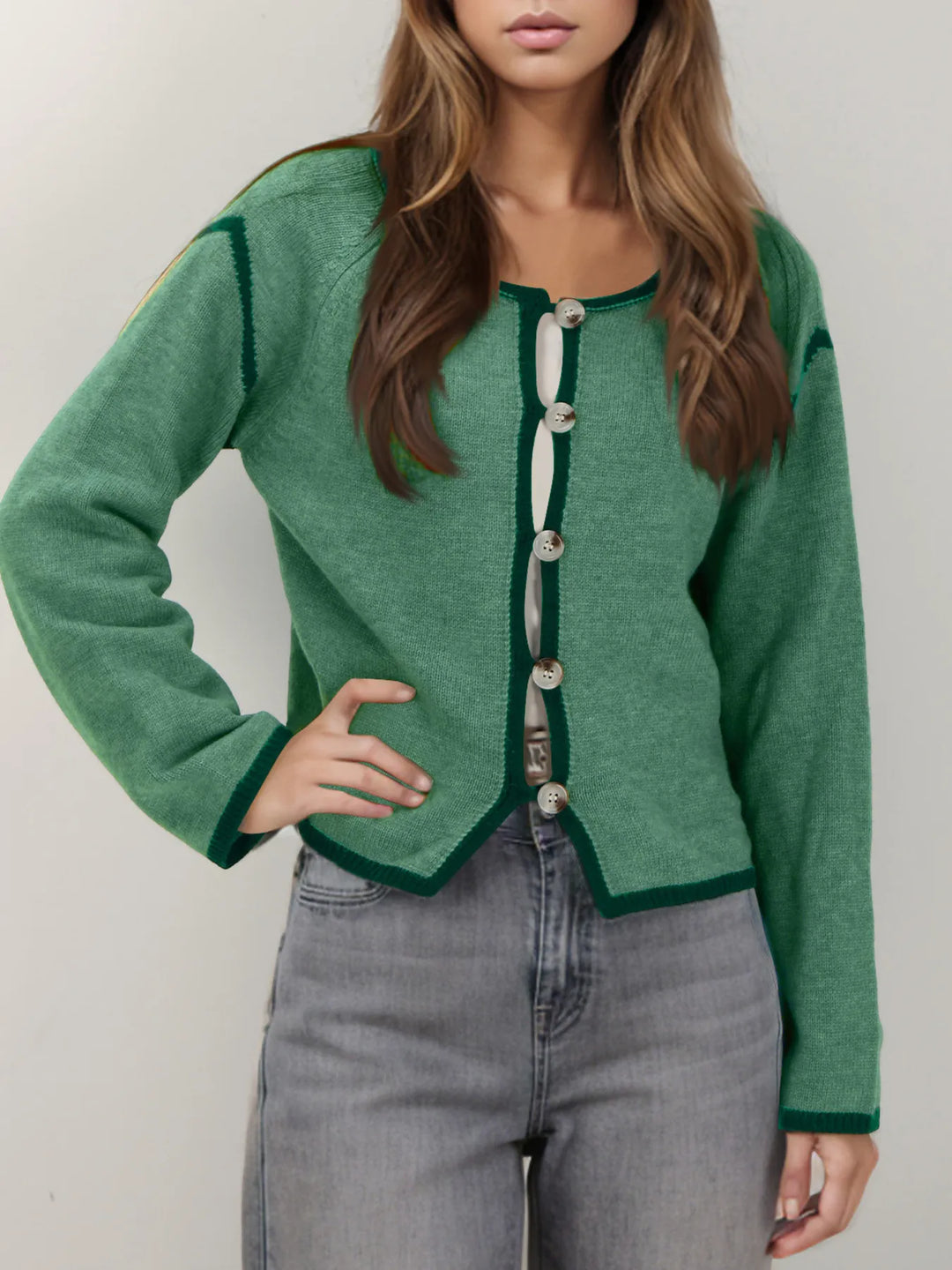 Green Button-Front Cardigan with Contrast Trim | Cardigans Daverri Fashions