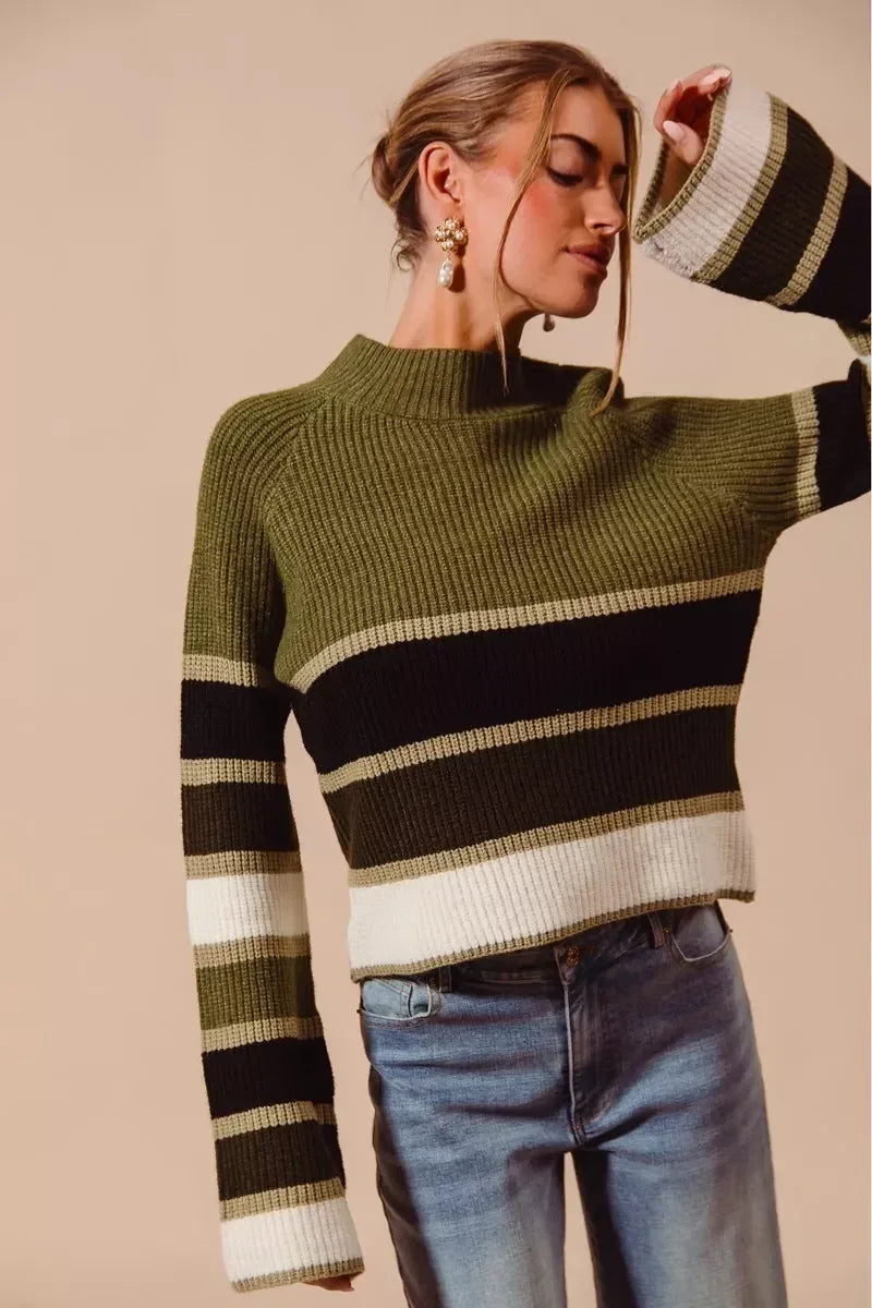 SO ME Multi Color Striped Mock Neck Sweater - DAVERRI FASHIONS