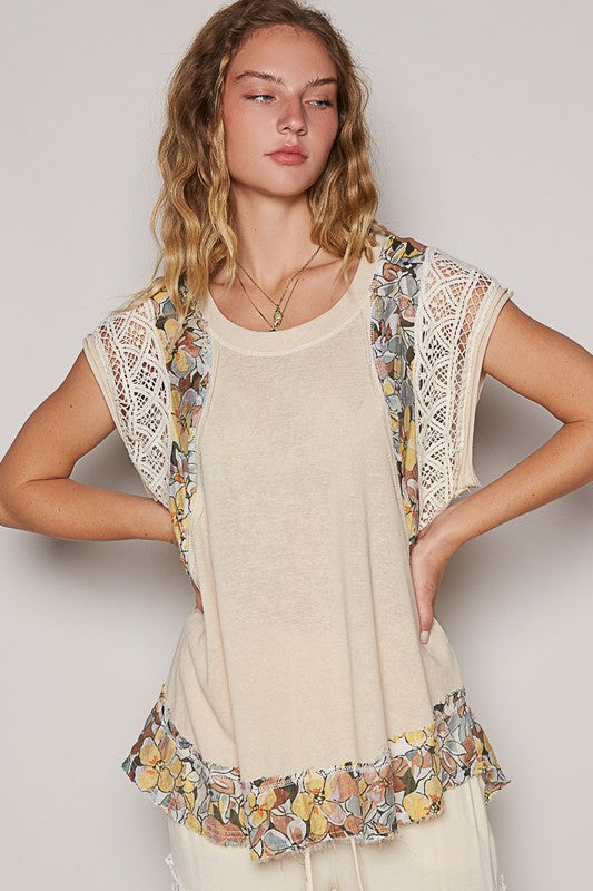 POL Floral Frayed Hem Crochet Cap Sleeve Top COCONUT