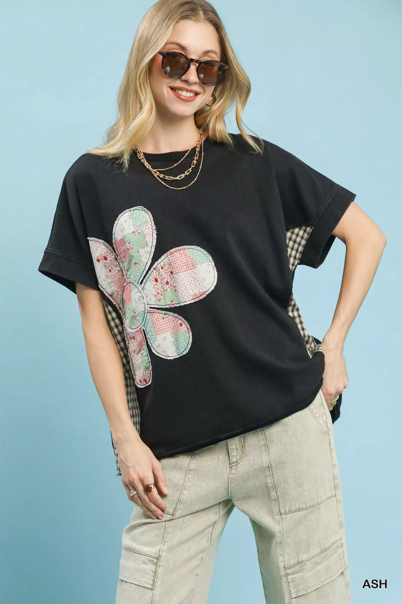 Umgee Ash Mineral Wash French Terry Top with colorful patchwork flower design