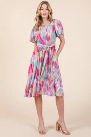 Lime 'N' Chili Watercolor Print Tie Front Midi Dress | Daverri Fashions