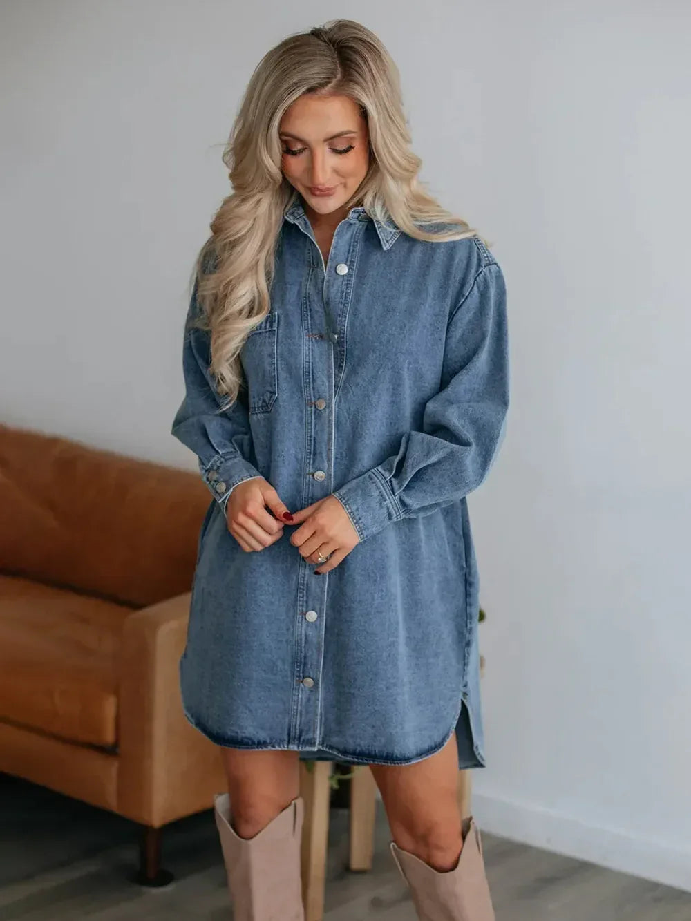 Button Up Collared Neck Long Sleeve Denim Dress - DAVERRI FASHIONS