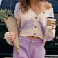 Color Block Button Up Cardigan in cream-lavender gradient knit