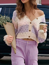 Color Block Button Up Cardigan in cream-lavender gradient knit