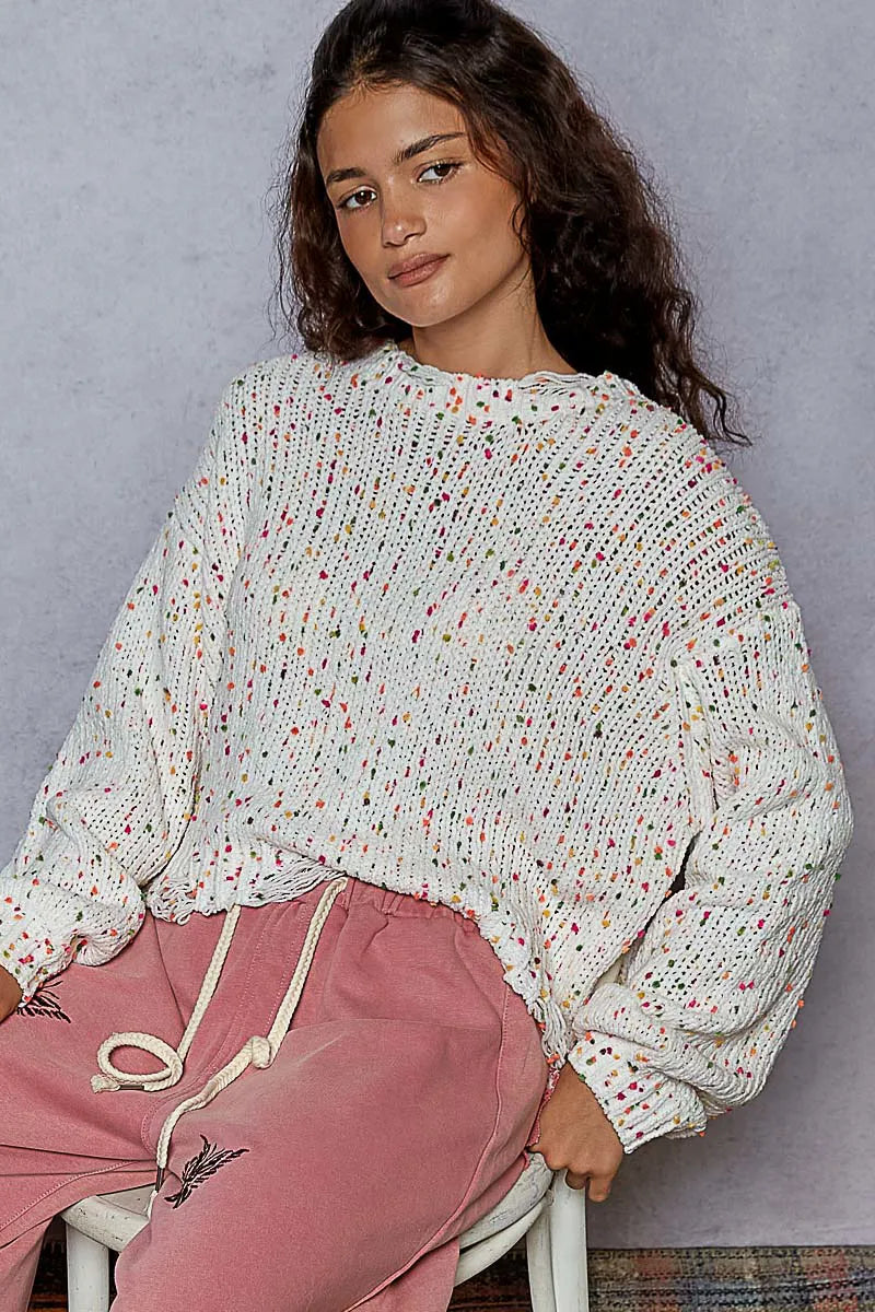 POL Round Neck Fringed Hem Sweater Sweaters