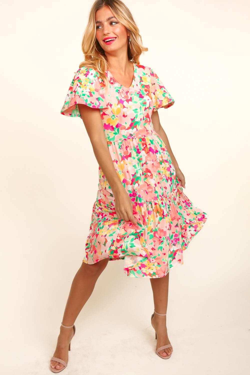 Haptics Tiered Floral Midi Dress with Pockets Mid Dresses