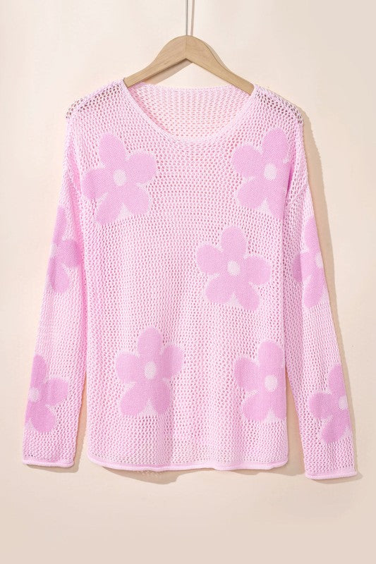 Dulce Big Flower Hollowed Knit Drop Shoulder Sweater Sweaters