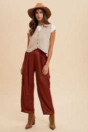 Anniewear Wide Leg Cargo Satin Pants Bottoms