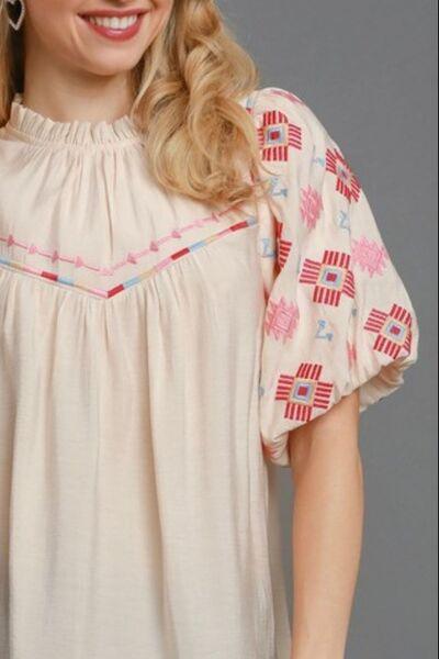 Umgee Full Size Embroidered Puff Sleeve Mock Neck Top Plus Size Tops