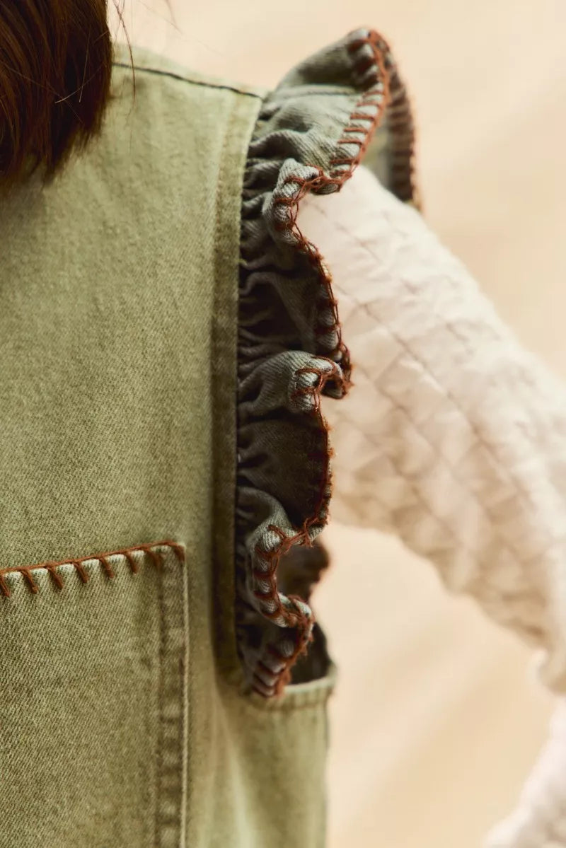SO ME Washed Denim Stitch Ruffled Hidden Button Vest Top | Daverri Fashions