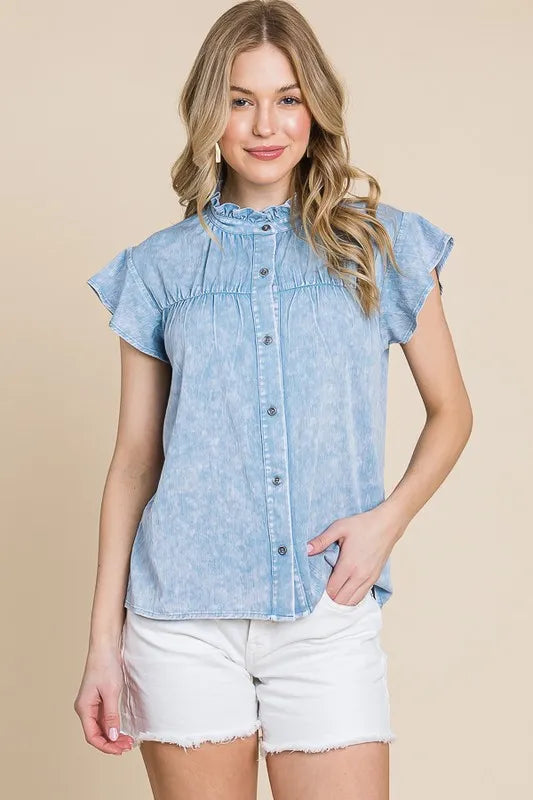 Lime 'N' Chili Mineral Wash Flutter Sleeve Button Down Shirt