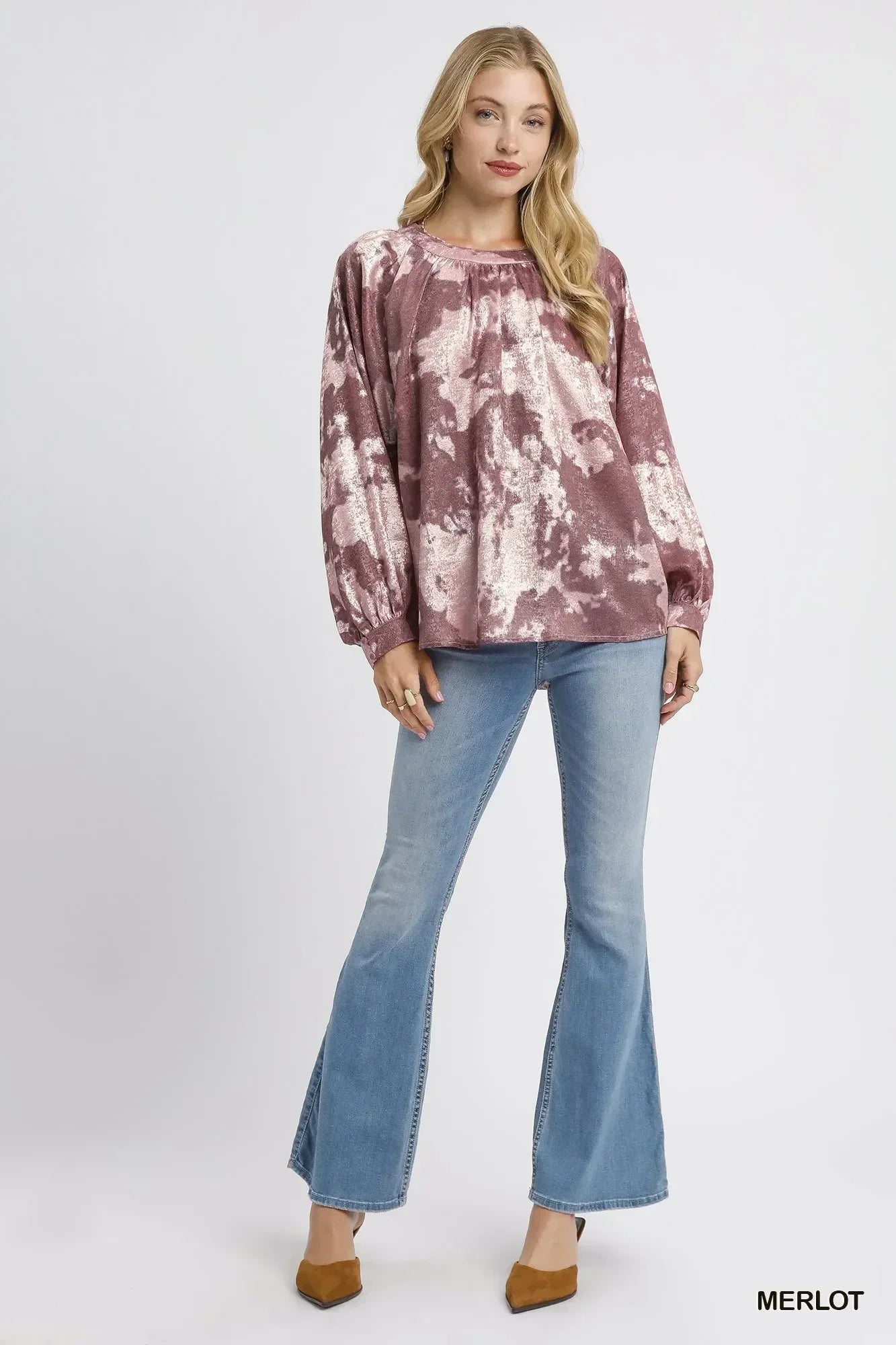 Umgee Metallic Fabric Blouse with Balloon Sleeves - DAVERRI FASHIONS